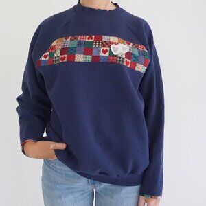 Vintage Hanes Navy Patchwork Hearts Quiltwork Sweatshirt Cabincore Grandma XL